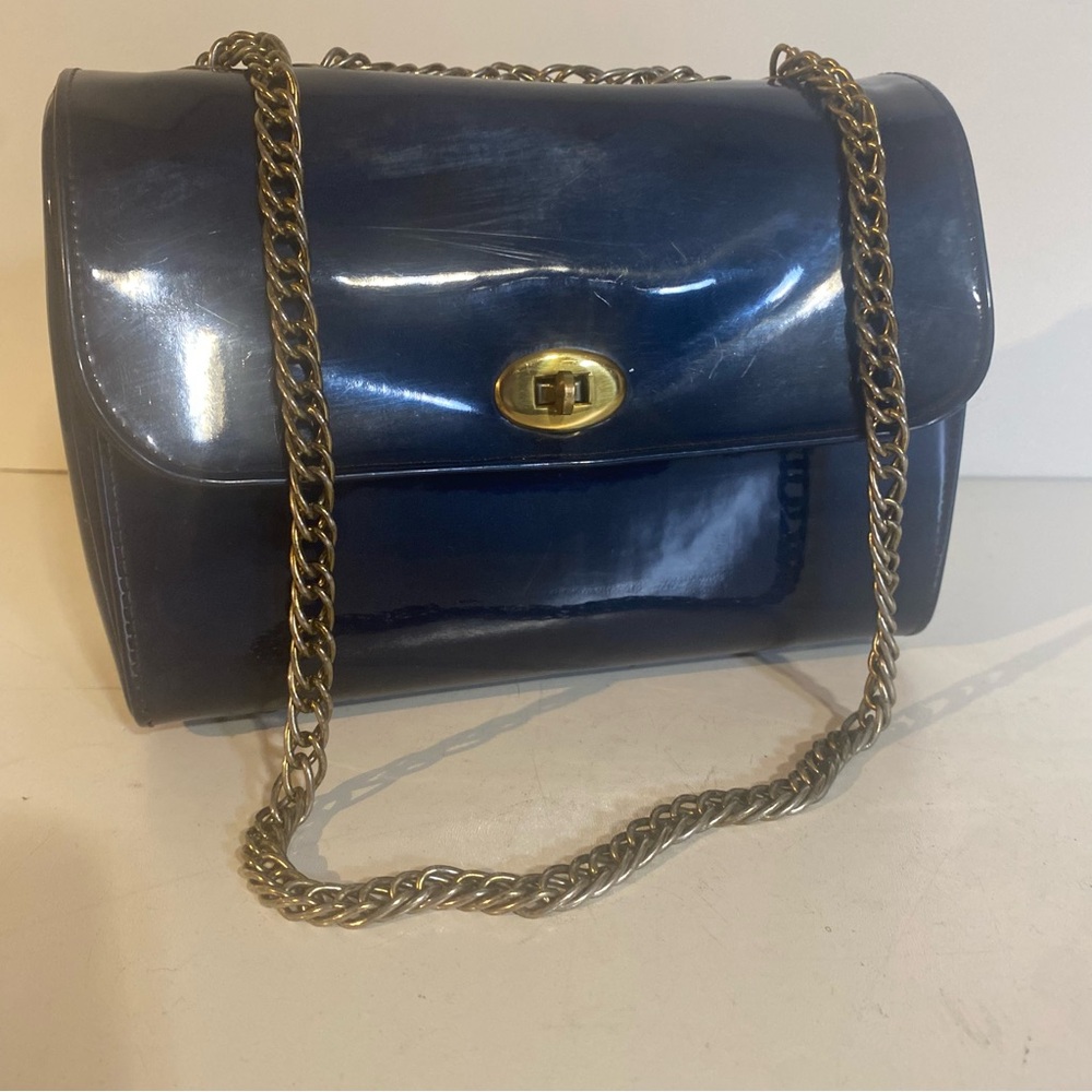 Vintage Garay Blue Patent Leather Box Clutch Heavy Chain Handle Brass Hardware